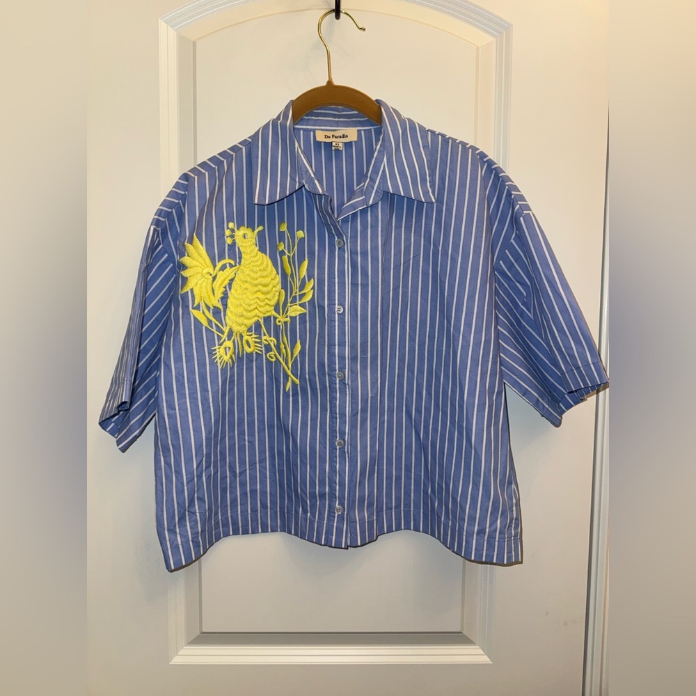 Du Paradis Blue White Button Front Bird Embroidered Boxy Top Blouse Sz XS